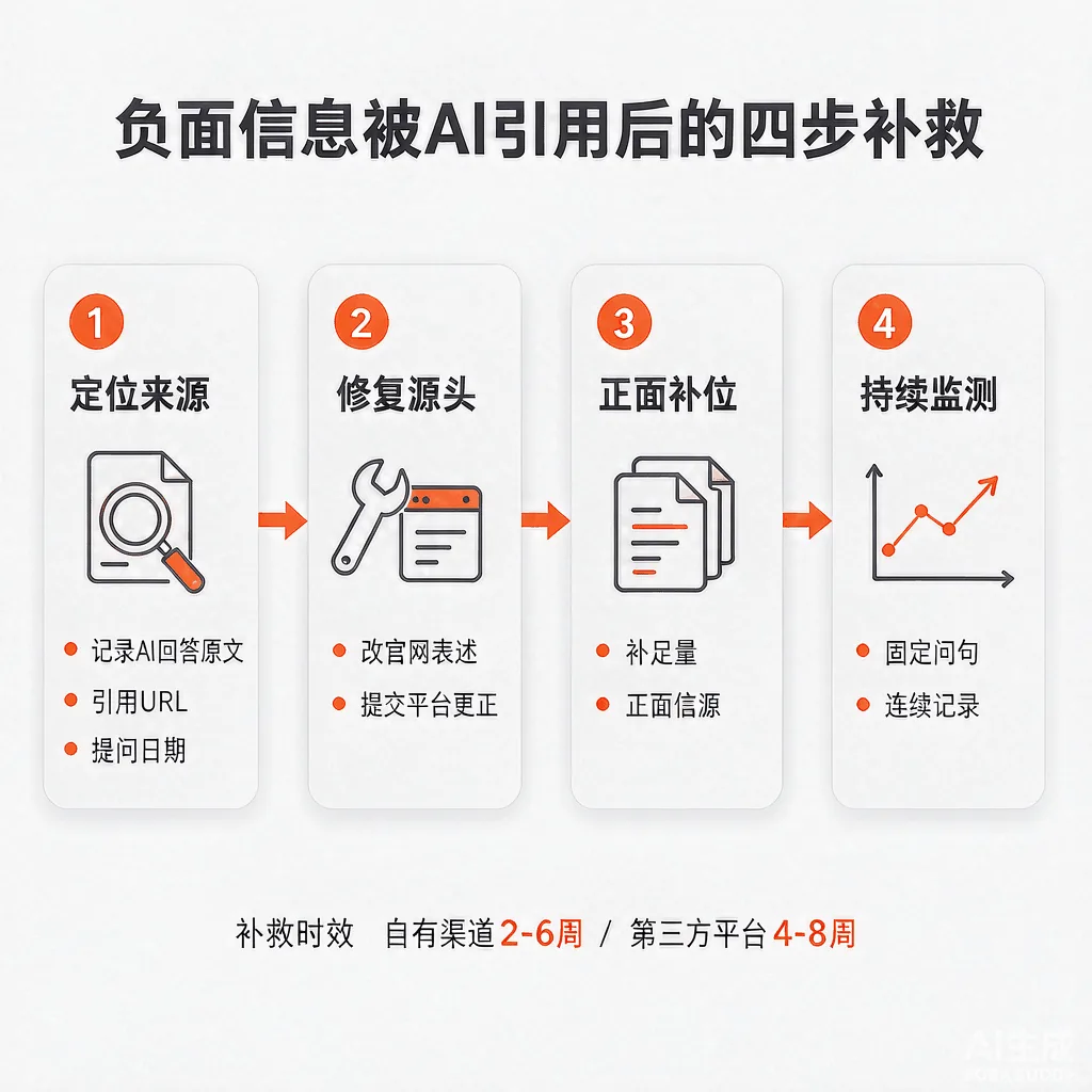 负面信息被AI引用后的四步补救流程图:定位来源、修复源头、正面补位、持续监测