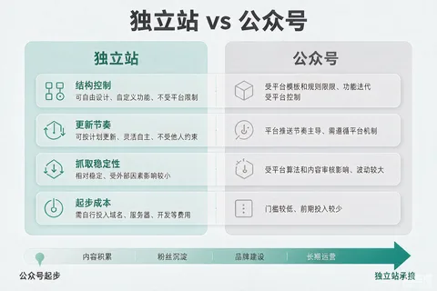 公众号与独立站四维能力对比及"起步—承接"组合路径示意图
