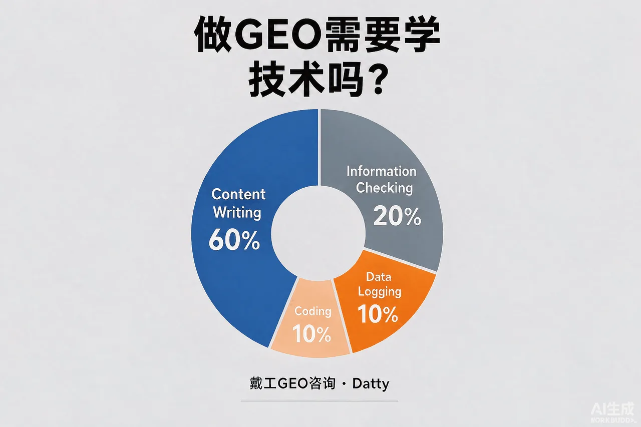 GEO工作构成示意图:内容写作占大头,信息核对与数据记录次之,代码仅占很小一角