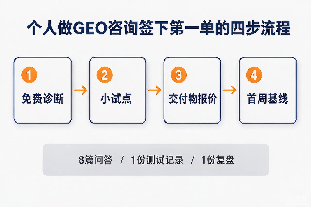 个人做GEO咨询签下第一单的四步沟通顺序与试点交付物示意图