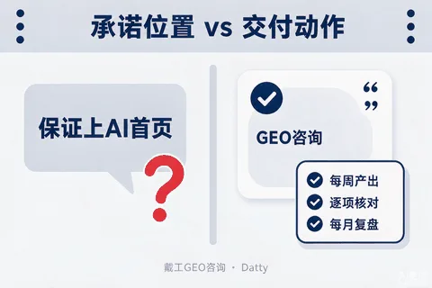 销售话术识别示意图：左边"保证上AI首页"打上问号，右边列出可验证的交付物清单