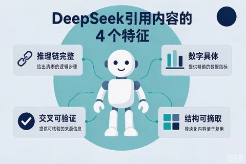 DeepSeek引用内容4特征示意图：推理链完整、数字具体、交叉可验证、结构可摘取，配适配做法标注