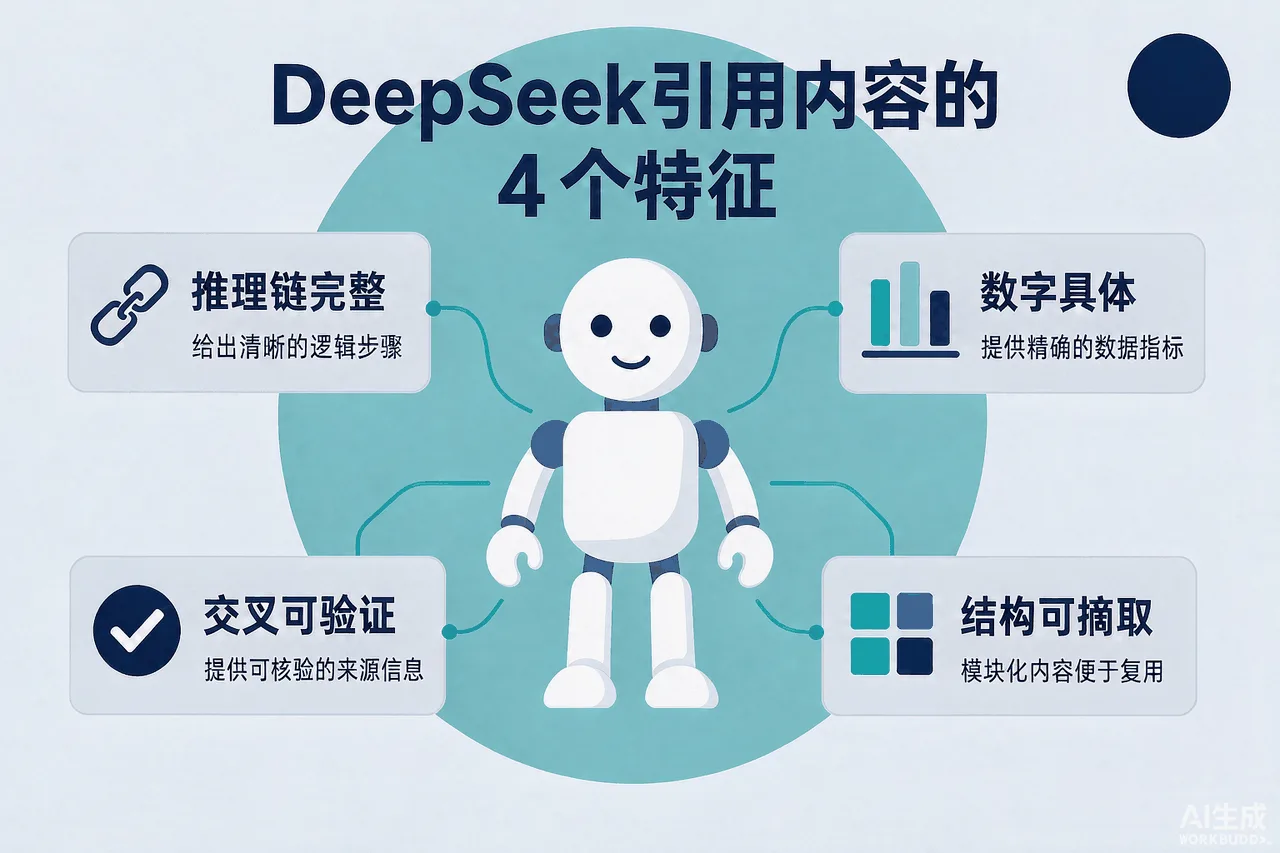 DeepSeek引用内容4特征示意图:推理链完整、数字具体、交叉可验证、结构可摘取,配适配做法标注