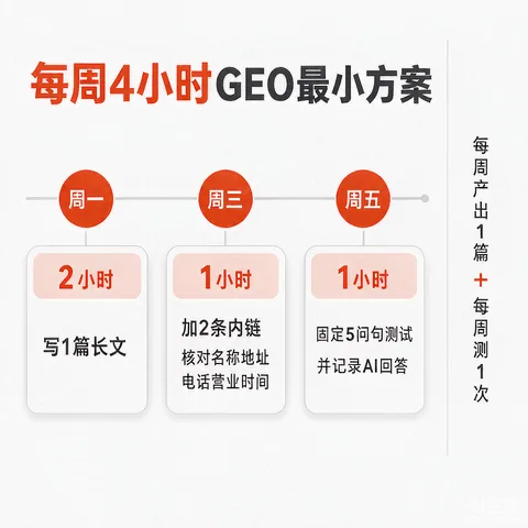 做GEO内容每周4小时的时间分配表：周一写作2小时、周三内链核对1小时、周五引用测试1小时