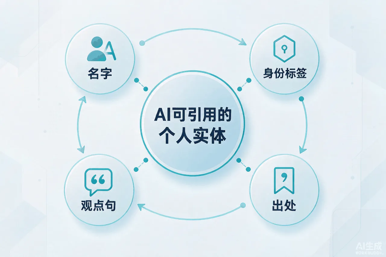 个人IP被AI引用的四要素关联示意图：名字、身份标签、观点句、出处