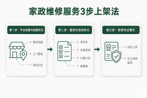 家政维修服务3步上架法流程图：第一步平台档案与地图标注填写要点、第二步服务价目结构化字段（项目名/价格区间/计费口径/保修期）、第三步资质凭证展示，配示例文案标注