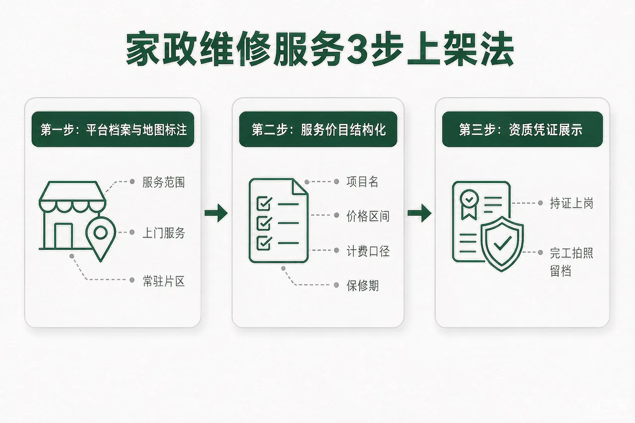 家政维修服务3步上架法流程图：第一步平台档案与地图标注填写要点、第二步服务价目结构化字段（项目名/价格区间/计费口径/保修期）、第三步资质凭证展示，配示例文案标注