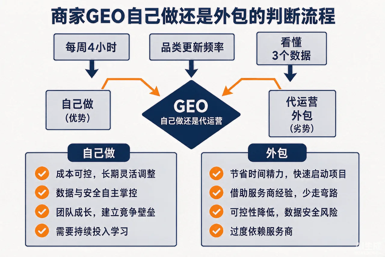 商家GEO代运营判断流程示意图：3项自测决定自己做还是外包