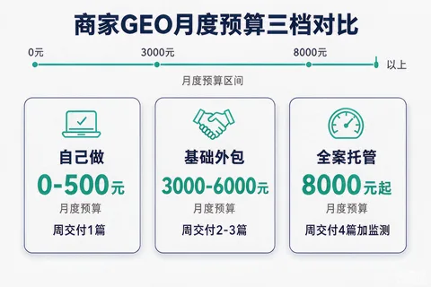 商家GEO月度预算三档区间与每周交付量对照示意图