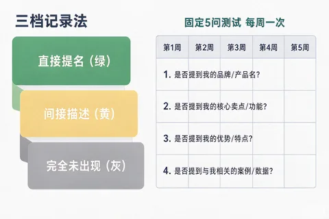 商家自查AI是否提及自己的三档记录法与固定5问测试表示意图