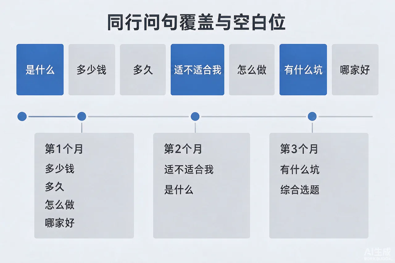 同行GEO问句覆盖与空白位识别示意图：七个问法模板与区域限定词