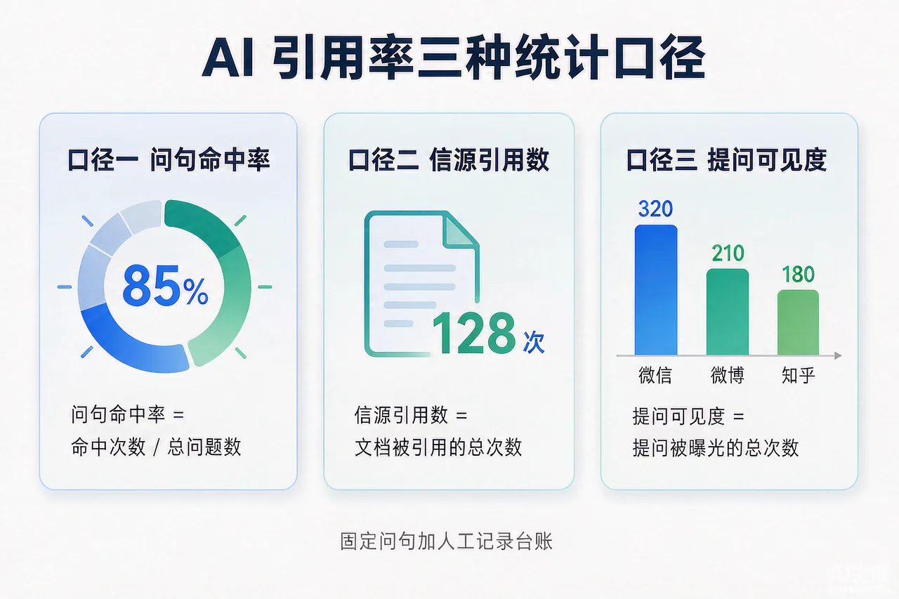 AI引用率三种统计口径与零成本台账方法示意图：问句命中率、信源引用数、跨平台可见度