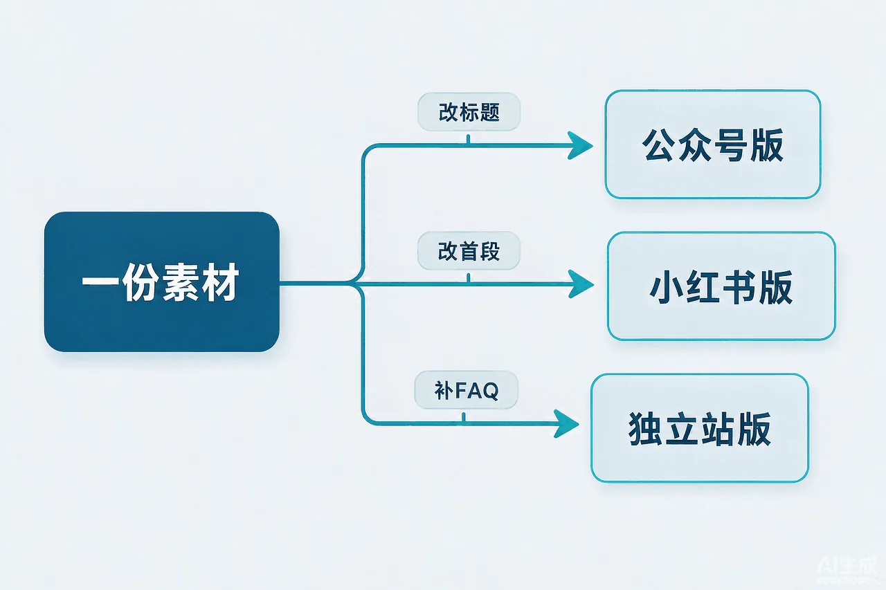 GEO内容一篇两用改写流程图:同一素材分出三个平台版本