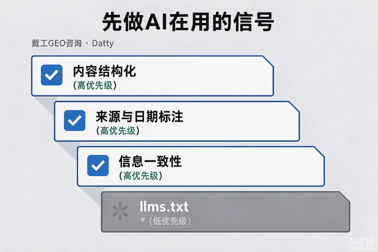 优先级排序图:llms.txt排在列表末尾打上低优先级标签,前三位是内容结构、来源标注、信息一致性