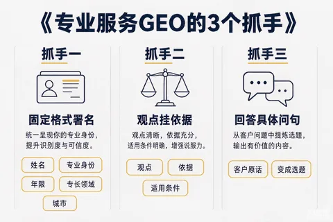 专业服务GEO的3个抓手信息图：抓手一固定格式署名（姓名+身份+年限+专长+城市）、抓手二观点挂依据（观点/依据/适用条件三件套）、抓手三回答具体问句（客户原话变选题），配对照示例