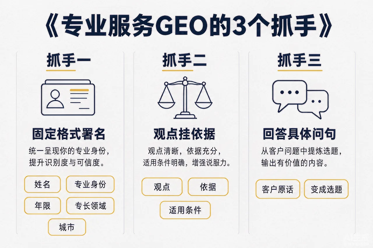 专业服务GEO的3个抓手信息图:抓手一固定格式署名(姓名+身份+年限+专长+城市)、抓手二观点挂依据(观点/依据/适用条件三件套)、抓手三回答具体问句(客户原话变选题),配对照示例