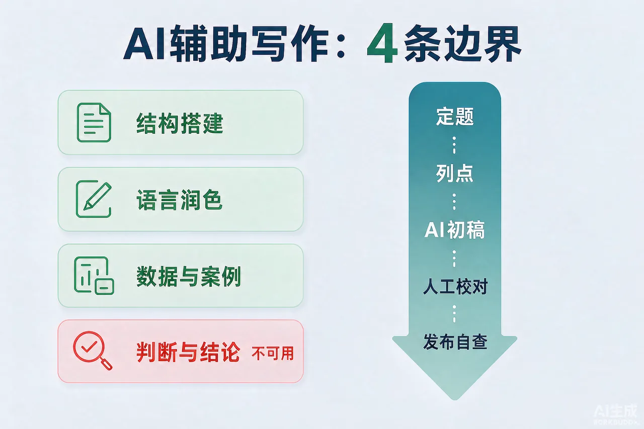 GEO内容AI辅助的4条边界与人工校对5个必改项流程图