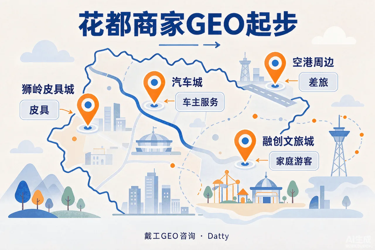 花都地图风格示意图：标注狮岭皮具城、汽车城、融创文旅城、空港四个商圈，每个商圈旁列出对应品类关键词