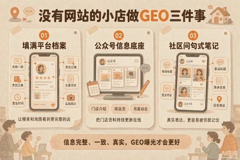 没有网站的小店做GEO三件事示意图：第一件事填满平台档案（名称一致/类目正确/全量项目/精确营业时间/实拍照片）、第二件事公众号信息底座（门店介绍+项目页+月度动态）、第三件事社区问句式笔记（原话标题+具体信息+店名地址）