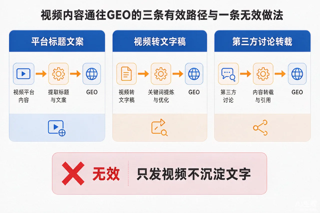 视频内容对GEO的三条有效路径与一条无效做法示意图:平台文案、文字稿沉淀、第三方讨论