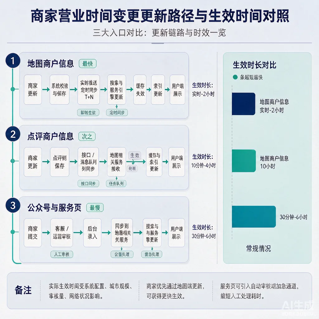 商家营业时间变更的三个更新路径与生效时间对照示意图