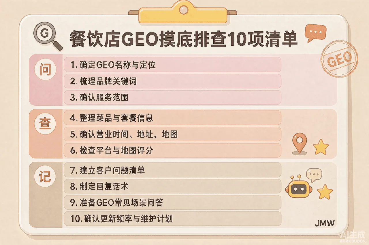 餐饮店GEO摸底排查10项清单表格图：含问句收集、AI测试、竞品占位、信息一致性等排查项与记录栏