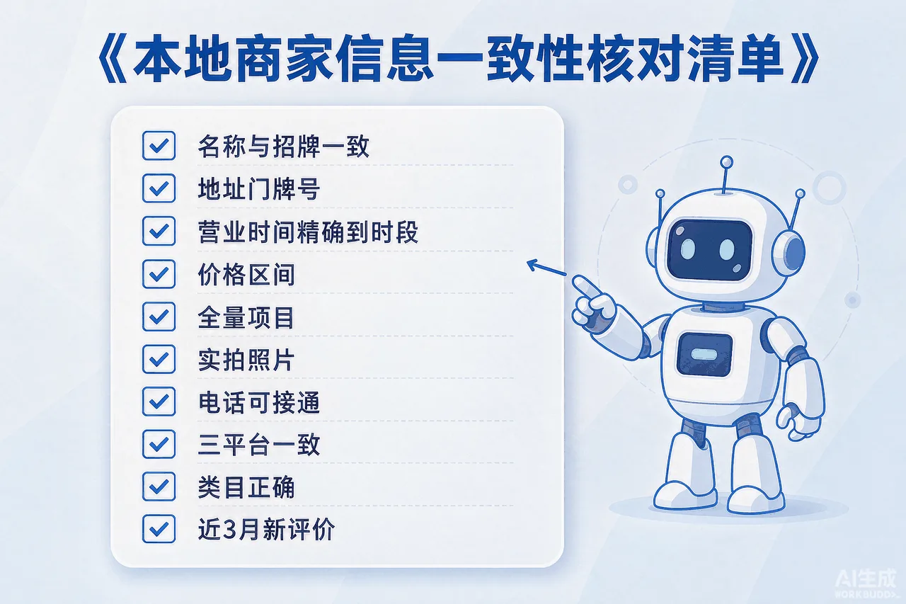 本地商家信息一致性核对清单信息图:10项核对内容(名称与招牌一致/地址门牌号/营业时间/价格区间/全量项目/实拍照片/电话可接通/三平台一致/类目正确/近3月新评价),按优先级排列