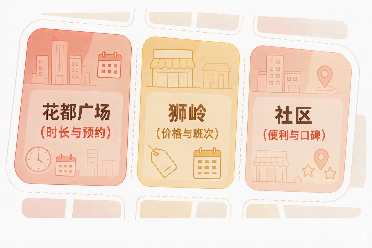 花都各片区美容美发店的区域加品类问句差异与内容侧重示意图