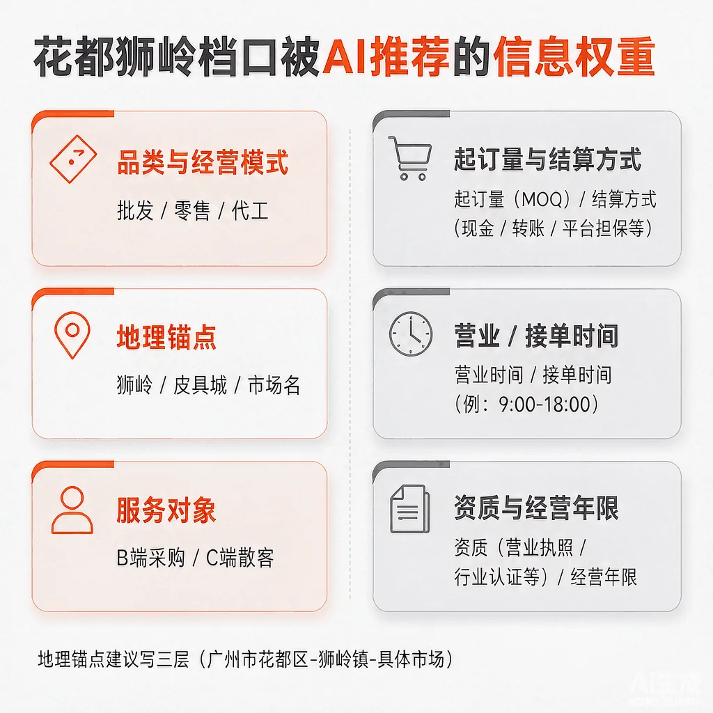 花都狮岭档口与门店被AI推荐的信息权重对照图：品类模式、地理锚点、服务对象为高权重项