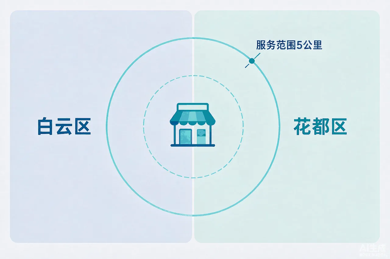 白云花都交界商家服务半径写法示意图：双向覆盖行政区名称
