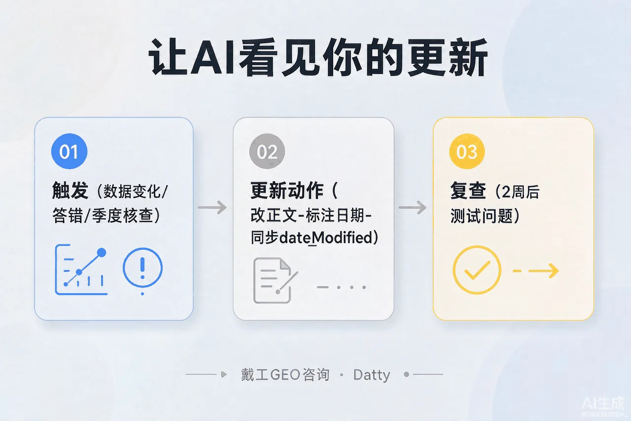更新机制流程图:触发条件(数据变化/问答落空/季度核查)到动作(改正文-标注日期-同步dateModified)再到复查的流程