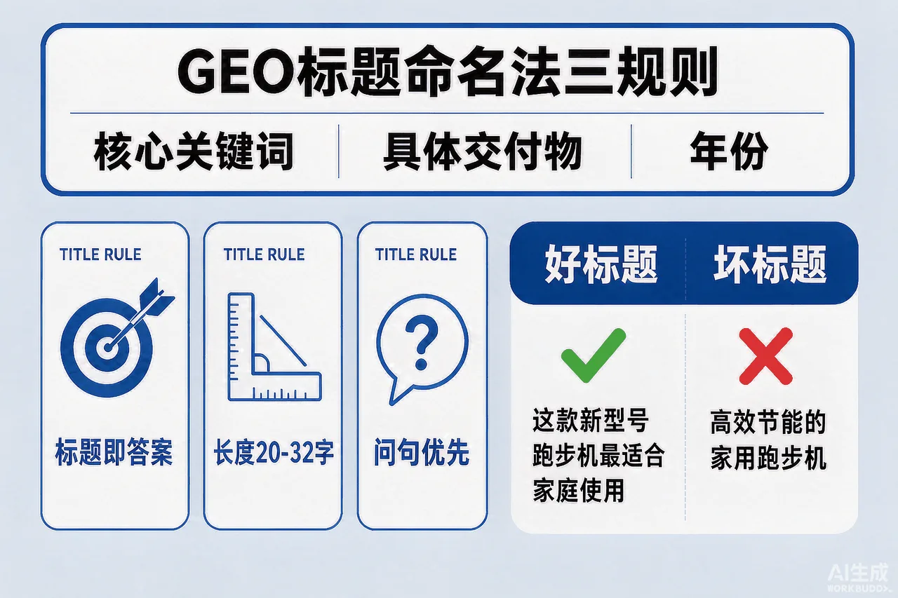 GEO文章标题命名法信息图:标题即答案公式、20-32字长度规则、问句优先三规则及正反例对照