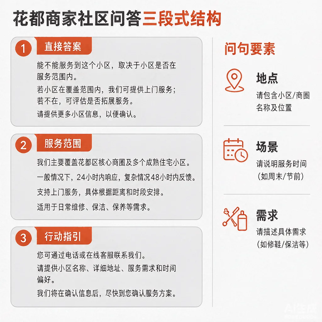 花都商家社区问答内容三段式写法结构图：首段直接答案、中段服务范围、末段行动指引