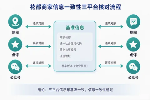 花都商家信息一致性三平台核对流程示意图：地图、点评、公众号逐项对齐