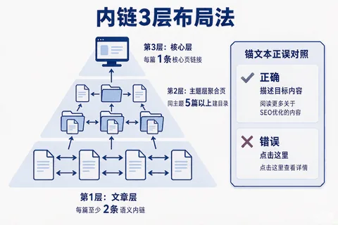 内链3层布局法示意图：第1层文章层双向语义内链（每篇至少2条）、第2层主题层聚合页（同主题5篇以上建目录）、第3层核心层服务页工具页承接（每篇1条核心页链接），配锚文本正误对照示例