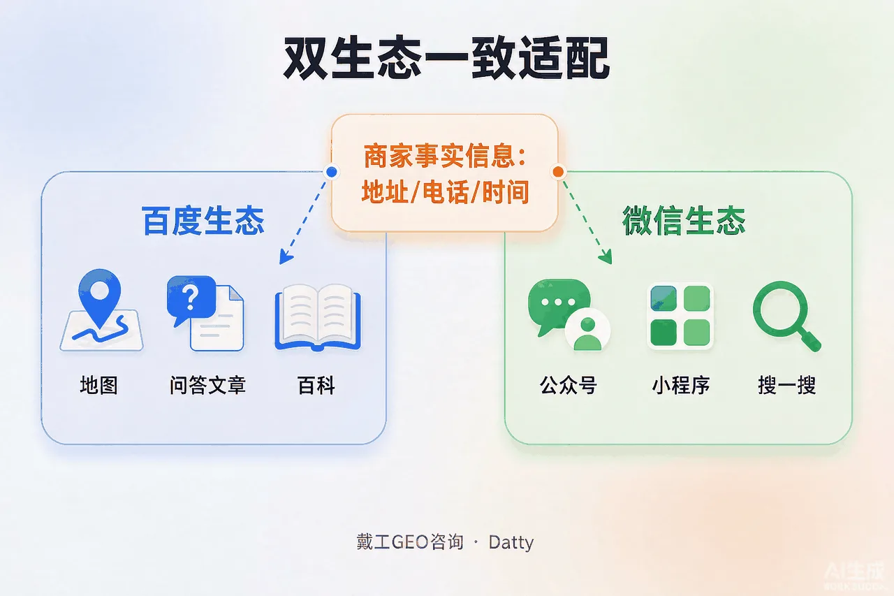双生态适配示意图:左边百度生态(百家号等),右边微信生态(公众号等),中间是商家事实信息统一入口