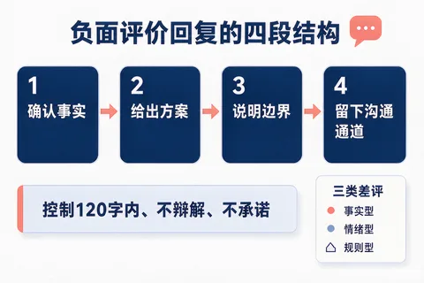 商家回复负面评价的四段结构与三类评价差异示意图