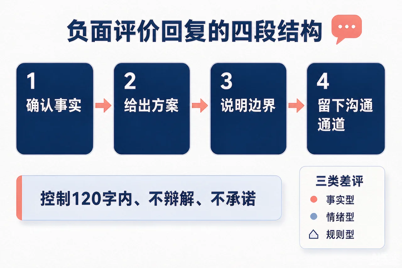 商家回复负面评价的四段结构与三类评价差异示意图