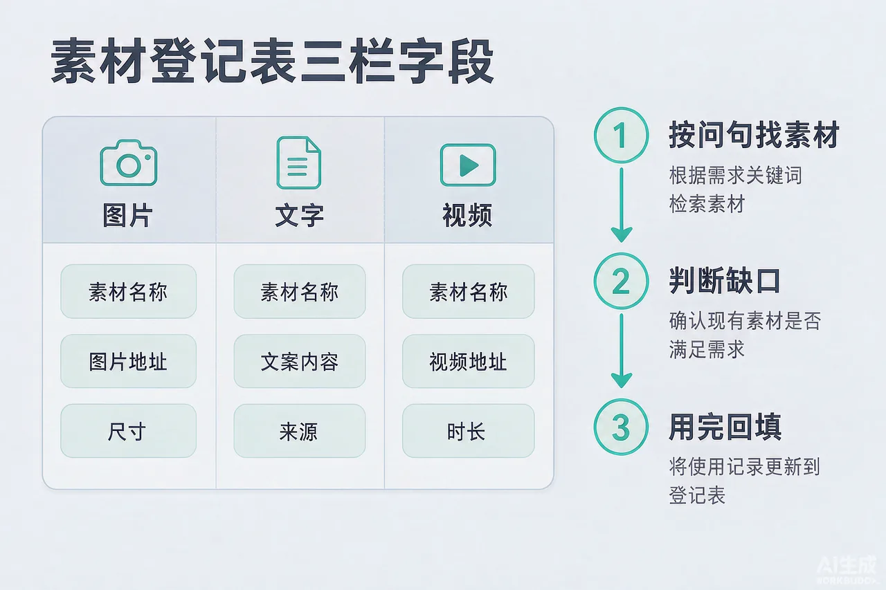 花都及周边商家GEO素材登记表的三栏字段设计与取用流程示意图
