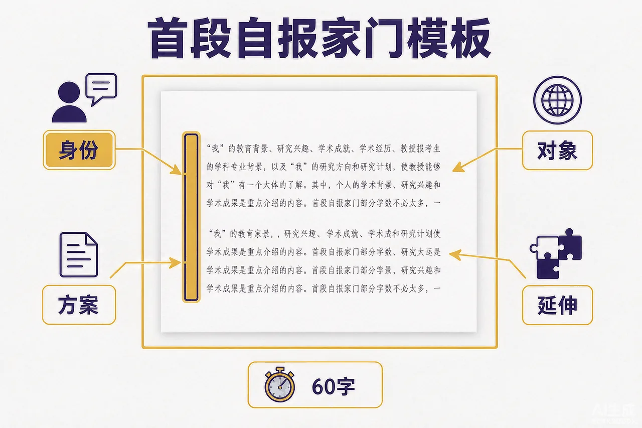 首段自报家门模板信息图：身份、对象、方案、延伸四要素句式结构与填写要点