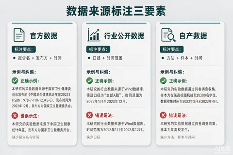 数据来源标注三要素示意图：官方数据（报告名+发布方+时间）、行业公开数据（口径+时间范围）、自产数据（方法+样本+时间），每类配一个正确标注示例句和错误写法对照