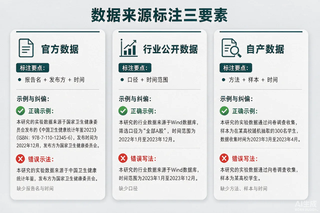 数据来源标注三要素示意图：官方数据（报告名+发布方+时间）、行业公开数据（口径+时间范围）、自产数据（方法+样本+时间），每类配一个正确标注示例句和错误写法对照