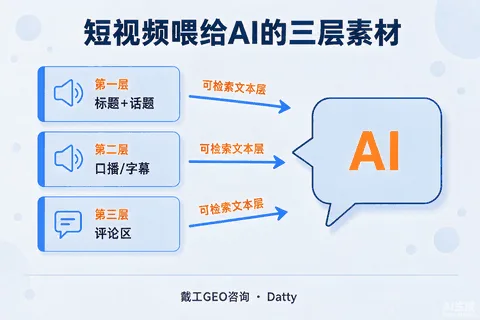 抖音内容三层素材示意图：视频标题层、口播文本层、评论区层，右侧汇入AI对话气泡
