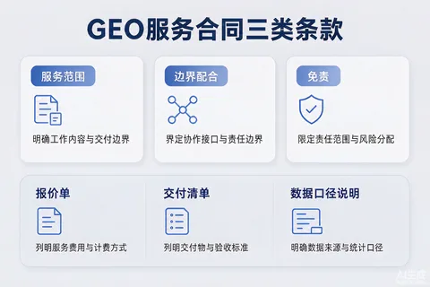 GEO服务合同的范围、边界、免责三类条款与三份附件结构示意图