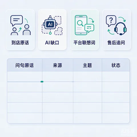 问句库四大来源与登记表字段设计及月度排期流程示意图