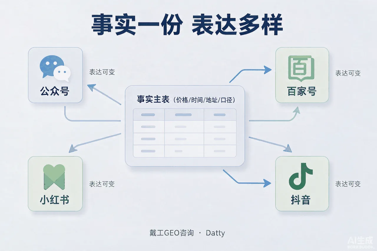 主表分发示意图：中间一张事实主表，向公众号、百家号、小红书、抖音四个平台分发，各平台标注"表达可变、事实不变"
