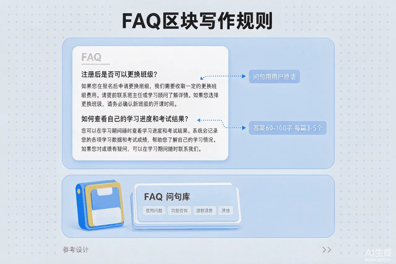 FAQ区块写作规则信息图:问句用用户原话、答案60-100字自洽、每篇3-5个、位置在正文之后,附问句库分组