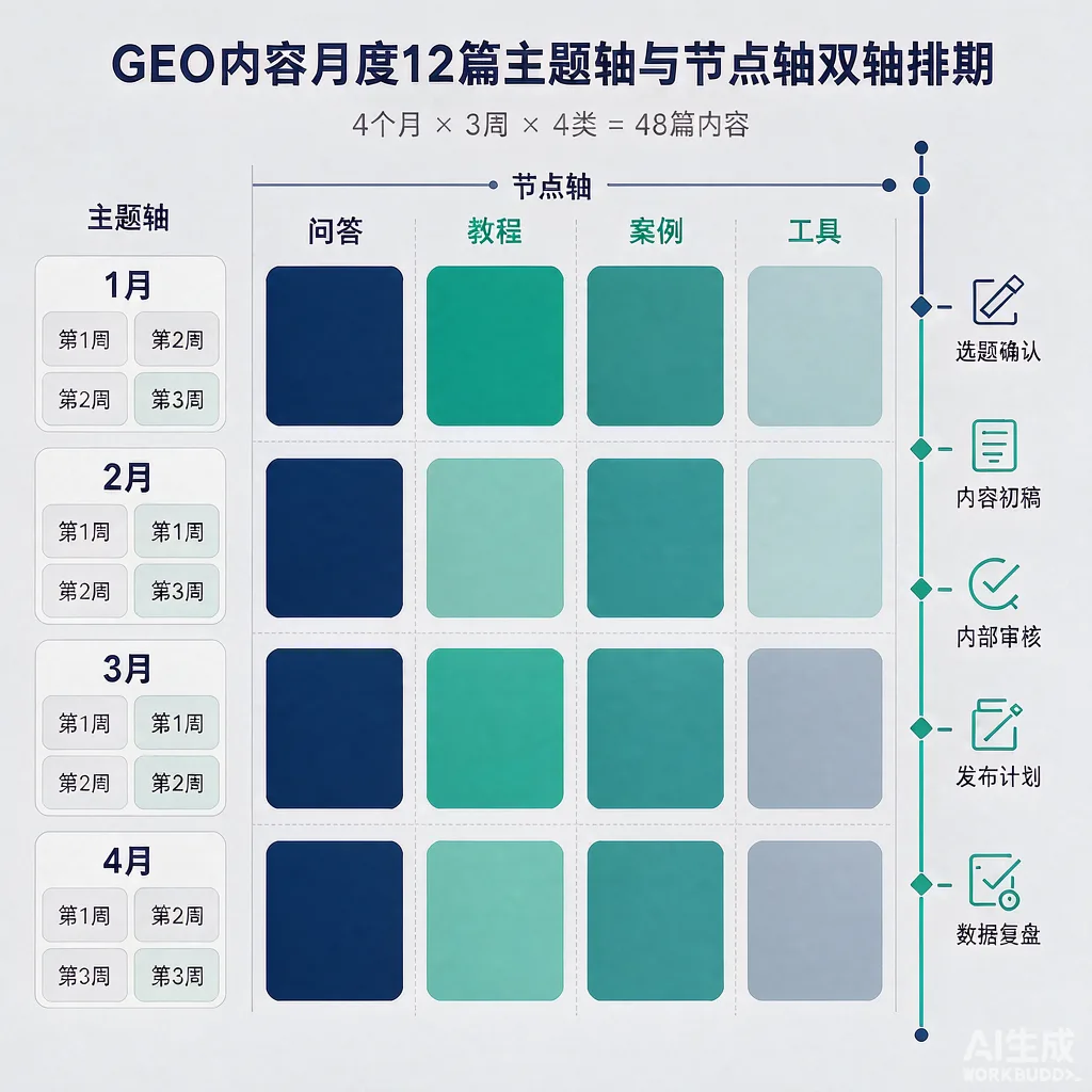 GEO内容月度12篇主题轴与节点轴双轴排期表结构示意图