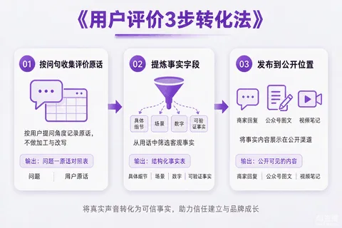 用户评价3步转化法流程图：第一步按问句收集评价原话（问题-原话对照表）、第二步提炼四字段（具体细节/场景/数字/可验证事实）、第三步发布到三个公开位置（商家回复/公众号图文/视频笔记），配示例句标注