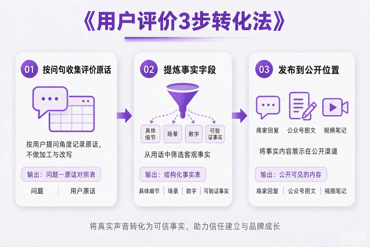用户评价3步转化法流程图:第一步按问句收集评价原话(问题-原话对照表)、第二步提炼四字段(具体细节/场景/数字/可验证事实)、第三步发布到三个公开位置(商家回复/公众号图文/视频笔记),配示例句标注